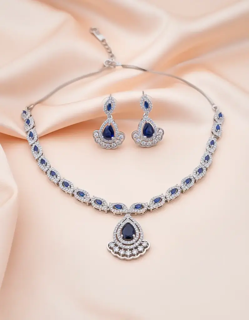 Regal Teardrop CZ AD Necklace Set (blue)