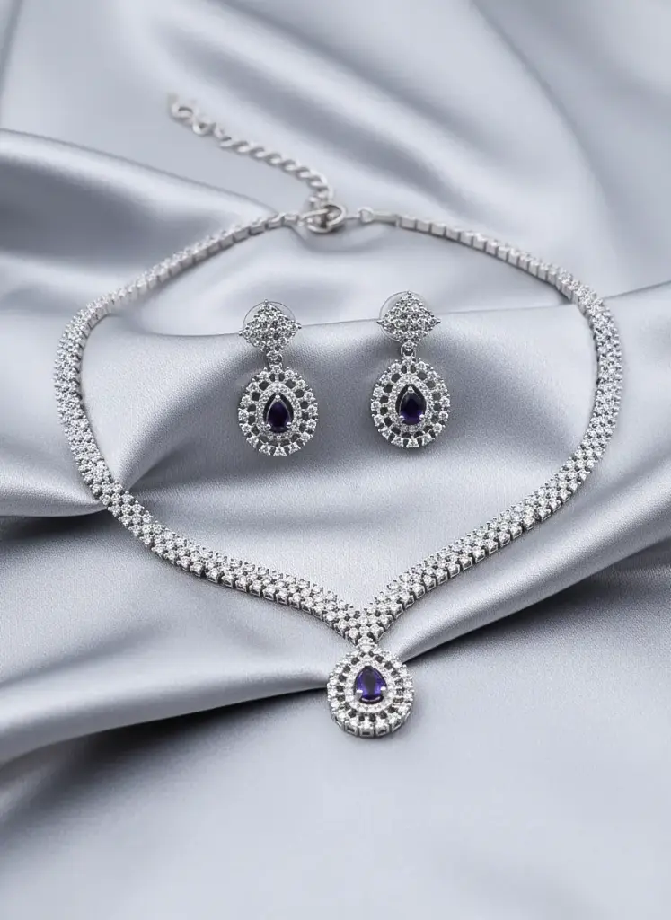 Zyora Pave Link Teardrop Necklace Set (Purpul)