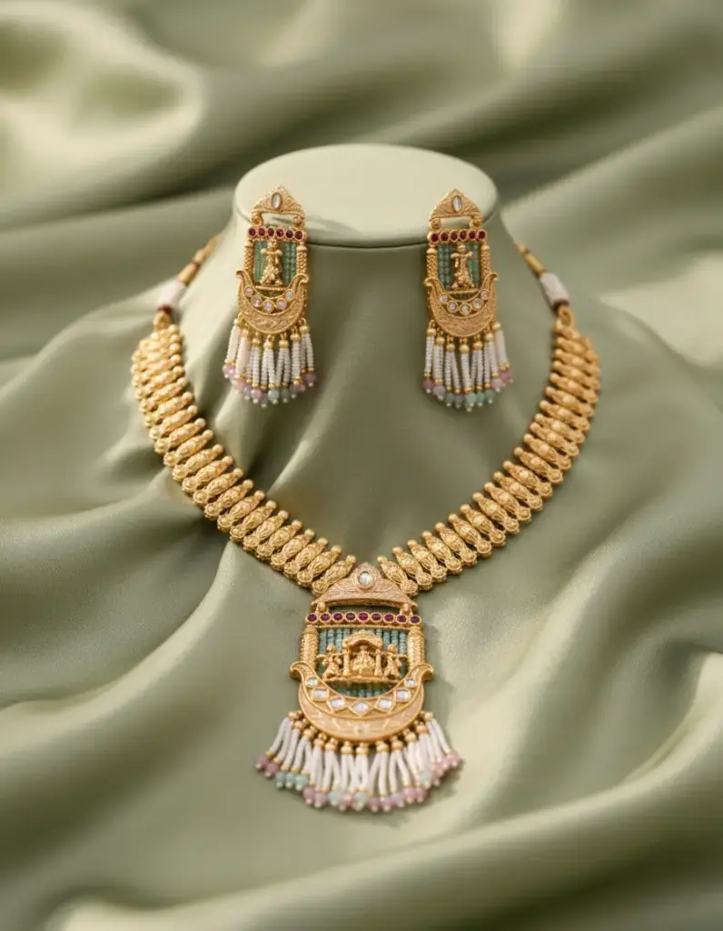Brass High Gold Plated Doli Necklace & Earring Set (Green)