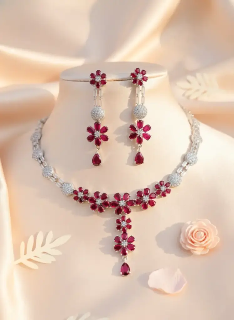 Zyora Blossom Drop Necklace & Earring Set (Red)