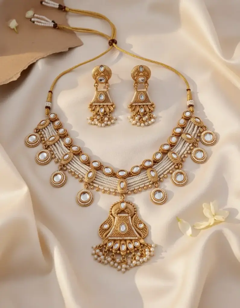 Zyora Premium Temple Pearl Necklace Set (white)