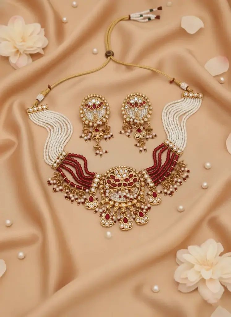 Zyora Premium Pearl Tassel Designer Set (Red)