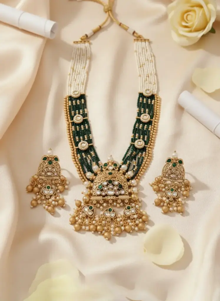 Zyora Premium Heritage Multi-String Necklace Set (Green)