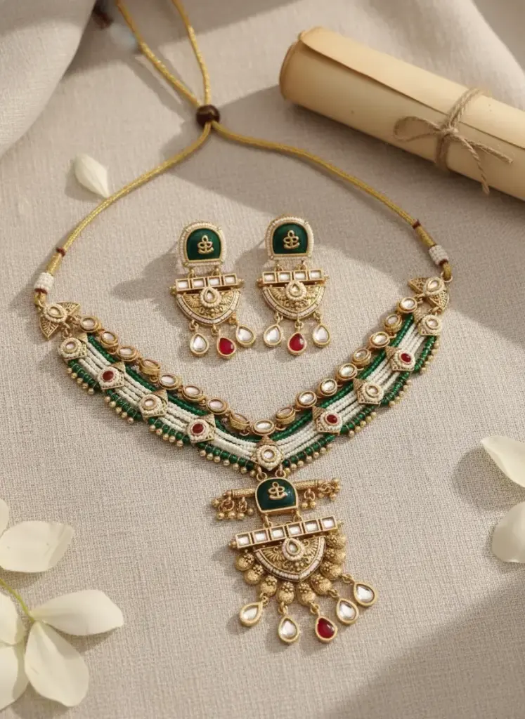 Zyora Premium Heritage Enamel Choker Set (Red and Green)