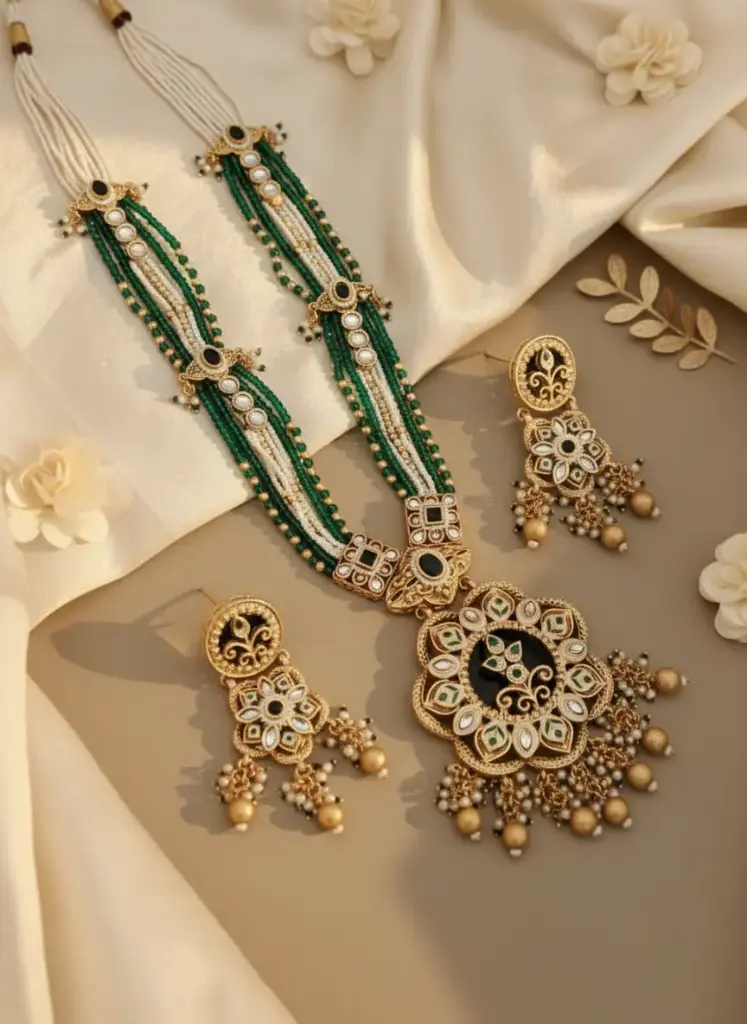 Zyora Brass Heritage Flower Pendant Long Set