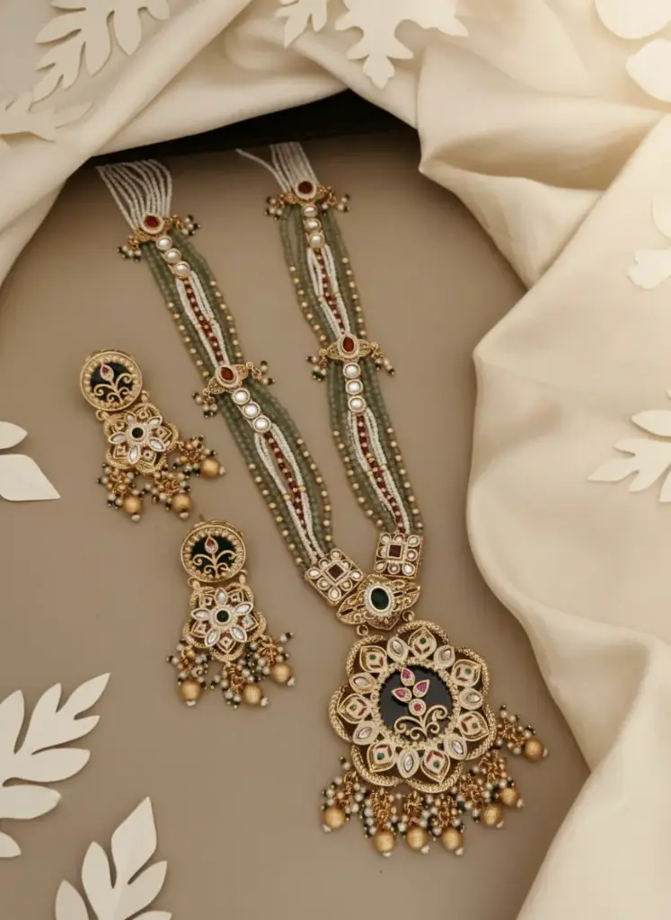 Zyora Brass Heritage Flower Pendant Long Set