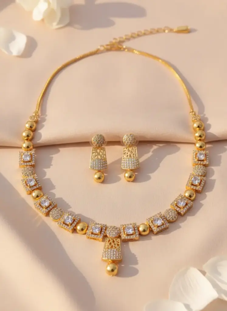 Zyora Square Cluster CZ AD Necklace Set (white)