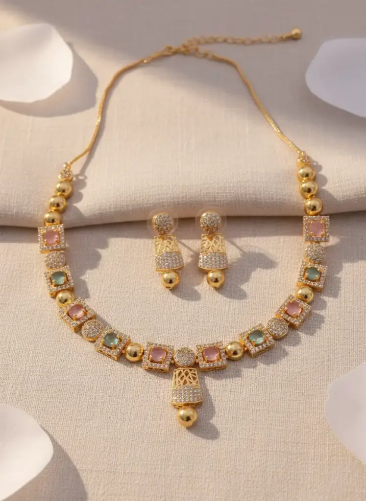 Zyora Square Cluster CZ AD Necklace Set