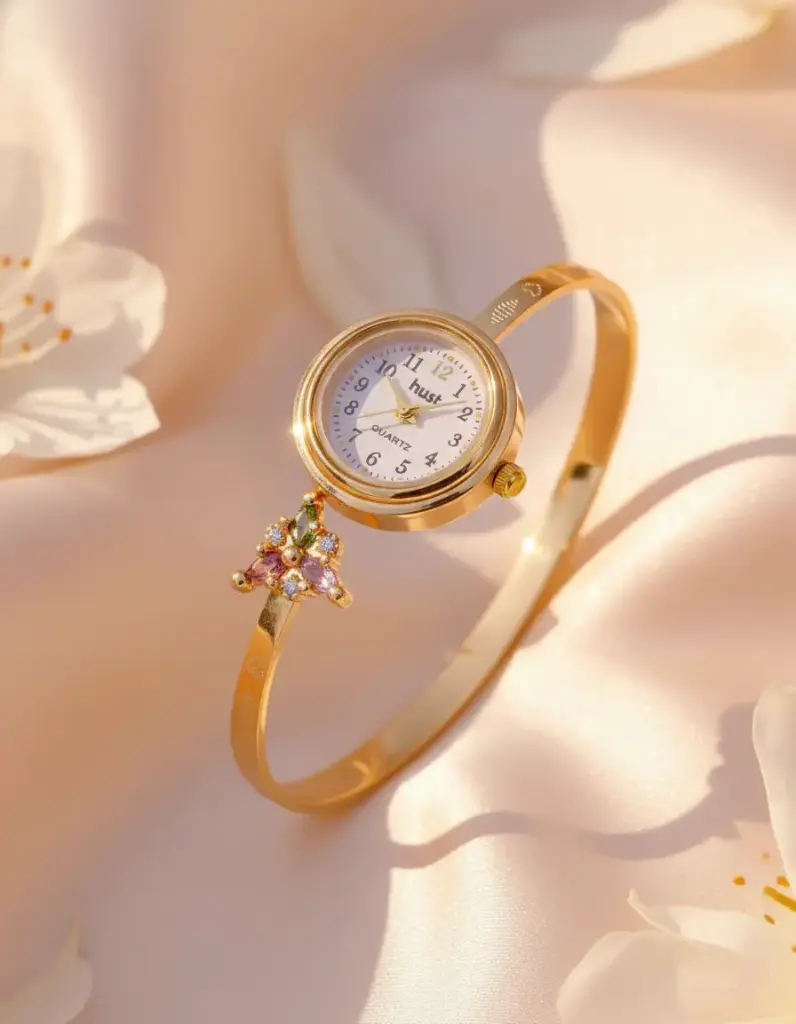 Zyora Multi-Stone Flower Open Bangle Watch