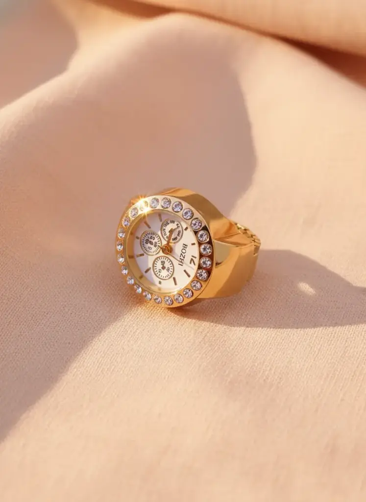 Zyora Gold Tone Crystal Halo Finger Watch Ring (golden)