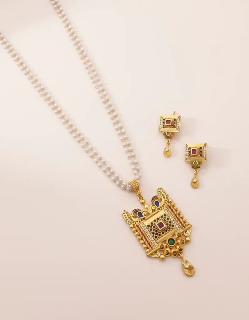 Royal Square Temple Pendant Set